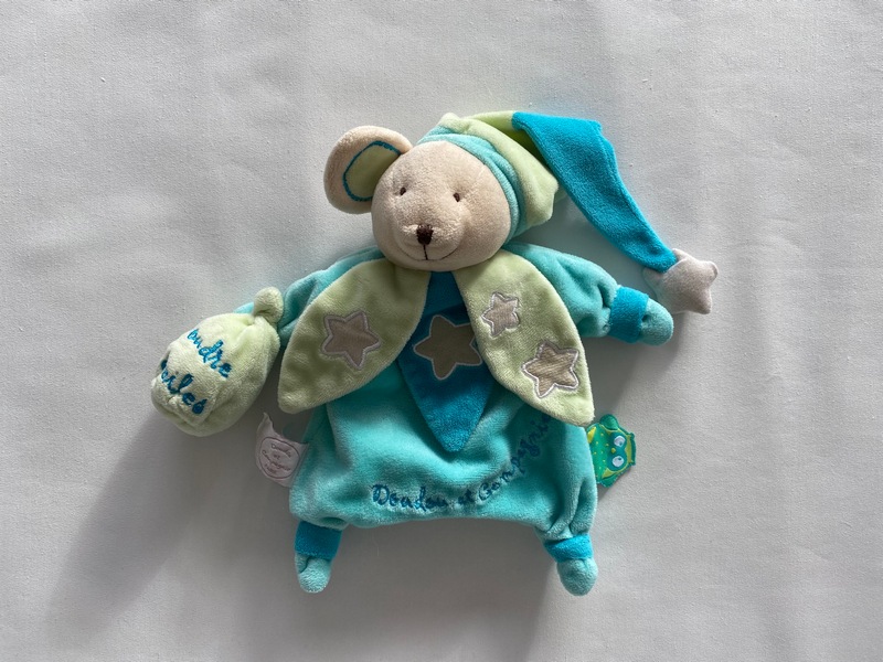 Doudou marionnette ours bleu vert poudre d'étoiles Doudou et Compagnie