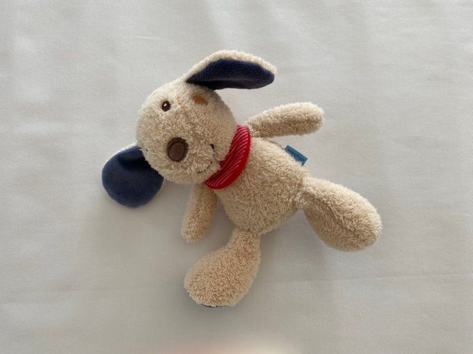 Doudou chien beige bleu bandana rayé rouge rose Babydream d'occasion