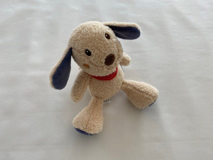 Doudou chien beige bleu bandana rayé rouge rose Babydream d'occasion