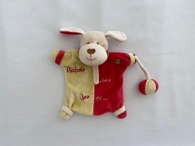 Doudou marionnette chien Diabolo adore jouer jaune rouge Baby Nat d'occasion