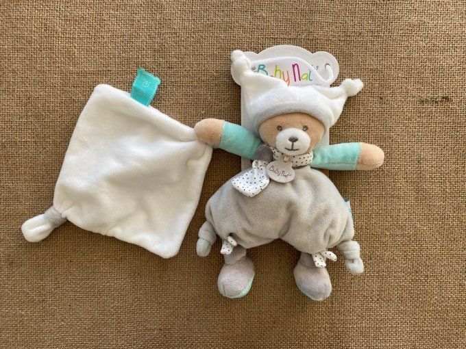 Doudou mouchoir ours gris vert BN0351 Baby Nat - Article Neuf