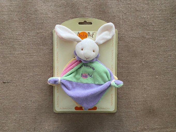 Doudou plat lapin mauve jaune rose vert les bonbons Baby Nat - Article Neuf