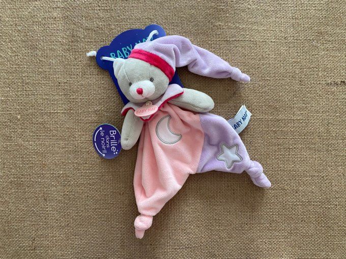 Doudou plat chat rose mauve étoile lune fluorescent Baby Nat - Article Neuf