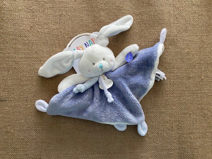Doudou plat lapin bleu blanc BN0468 Baby Nat - Article Neuf