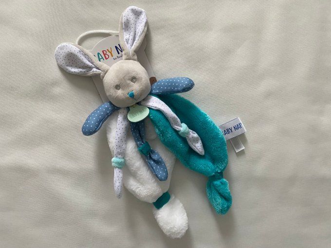 Doudou plat lapin bleu turquoise Poupi BN0415 Baby Nat - Article Neuf
