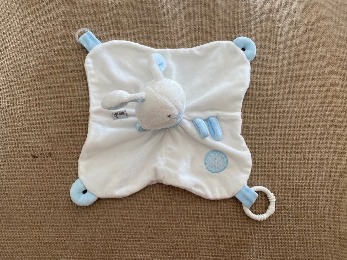Doudou plat lapin blanc bleu anneau blanc Babysun d'occasion