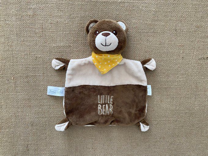 Doudou plat ours brun beige bandana jaune à pois blancs Little Bear Beauty Baby d'occasion