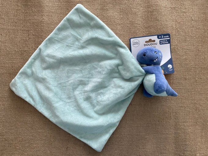 Doudou plat couverture dinosaure dragon vert bleu Bébé douceur - Article Neuf