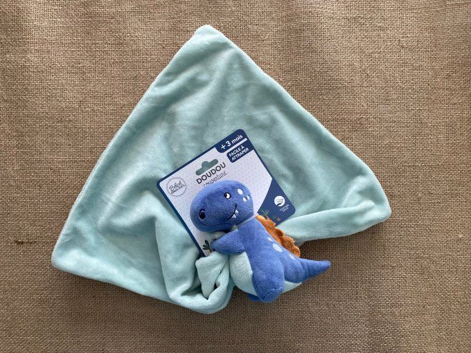 Doudou plat couverture dinosaure dragon vert bleu Bébé douceur - Article Neuf