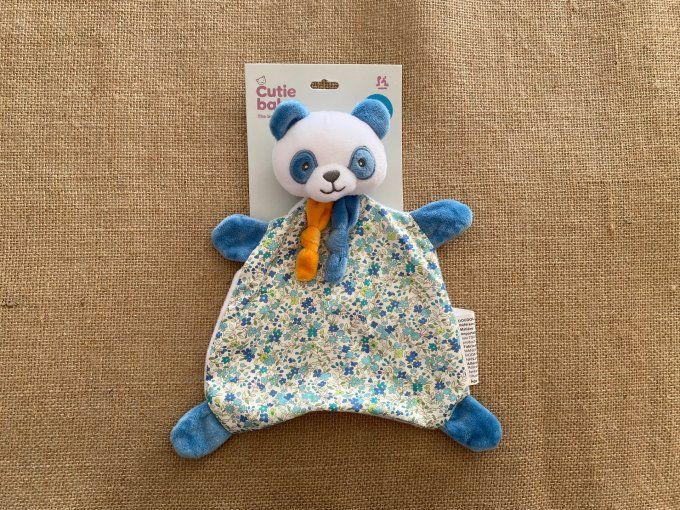 Doudou plat panda bleu blanc fleurs Cutie Baby - Article Neuf