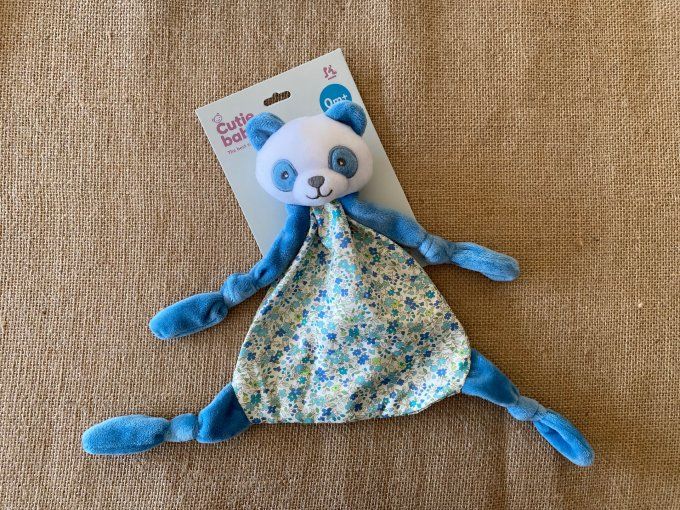Doudou plat panda bleu blanc fleurs avec quatre nœuds Cutie Baby - Article Neuf