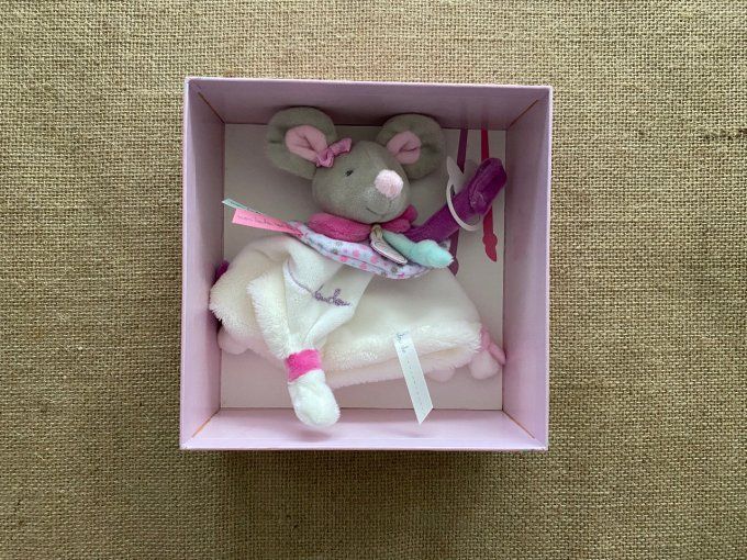 Doudou plat souris Pearly attache-sucette DC2976 Doudou et Compagnie - Article Neuf