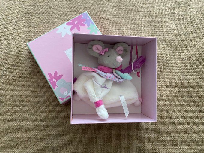 Doudou plat souris Pearly attache-sucette DC2976 Doudou et Compagnie - Article Neuf