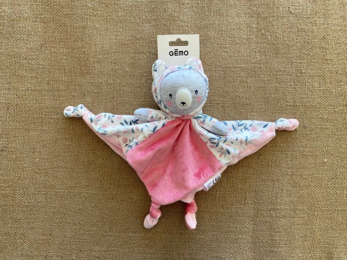 Doudou plat ours capuche rose gris motifs fleurs Gémo Neuf avec étiquette