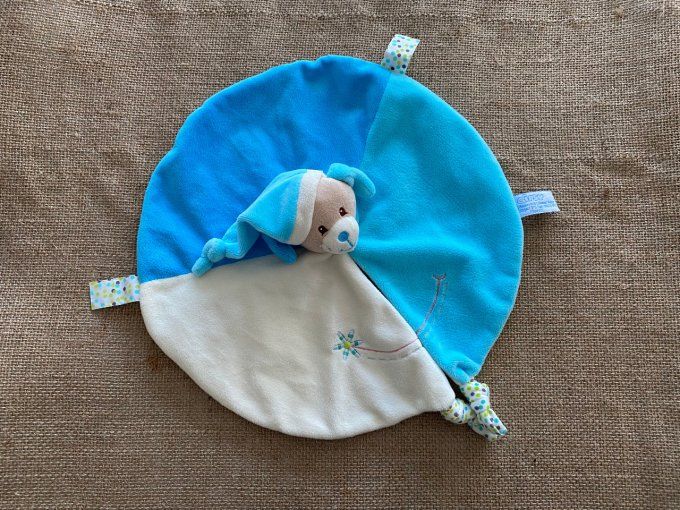Doudou plat rond chien bleu blanc fleur Gipsy d'occasion