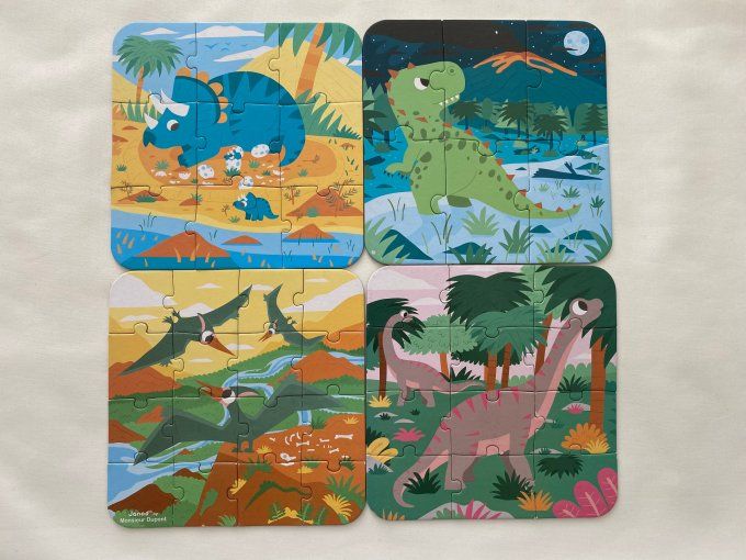 4 puzzles évolutifs dinosaures dans valisette Janod d'occasion