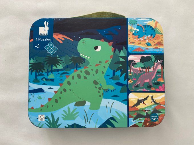 4 puzzles évolutifs dinosaures dans valisette Janod d'occasion