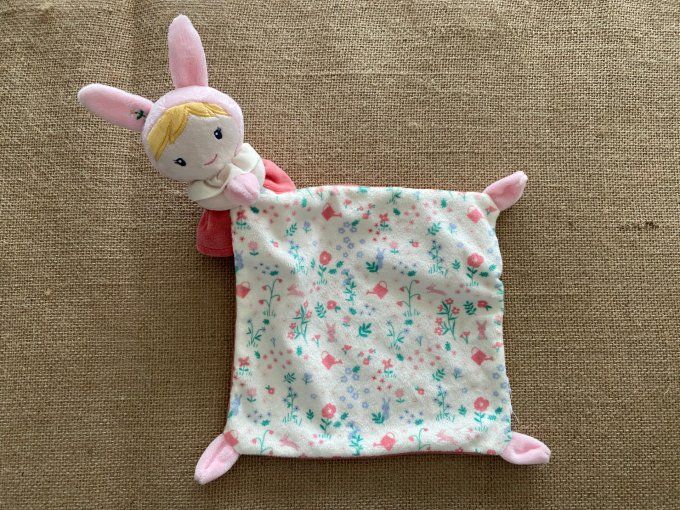 Doudou plat mouchoir poupée lapin rose fleurs Mots d'Enfants d'occasion