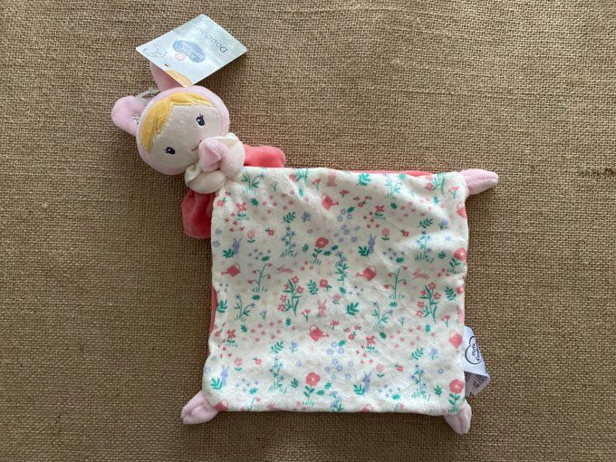 Doudou plat mouchoir poupée lapin rose fleurs Mots d'Enfants - Article Neuf