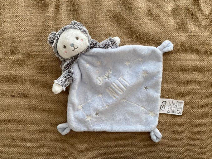 Doudou plat ours bleu gris capuche lapin Douce Nuit Mots d'enfants d'occasion 