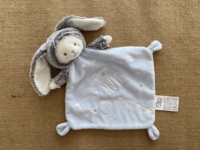 Doudou plat ours bleu gris capuche lapin Douce Nuit Mots d'enfants d'occasion