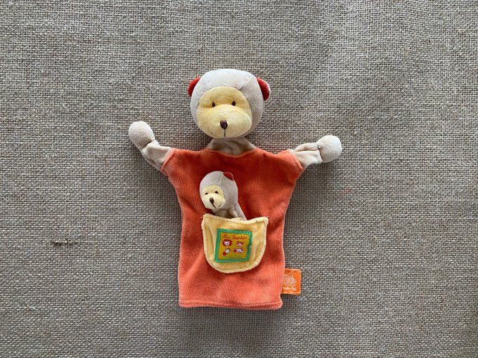 Doudou marionnette Les Loustics singe bébé orange beige Moulin Roty d'occasion