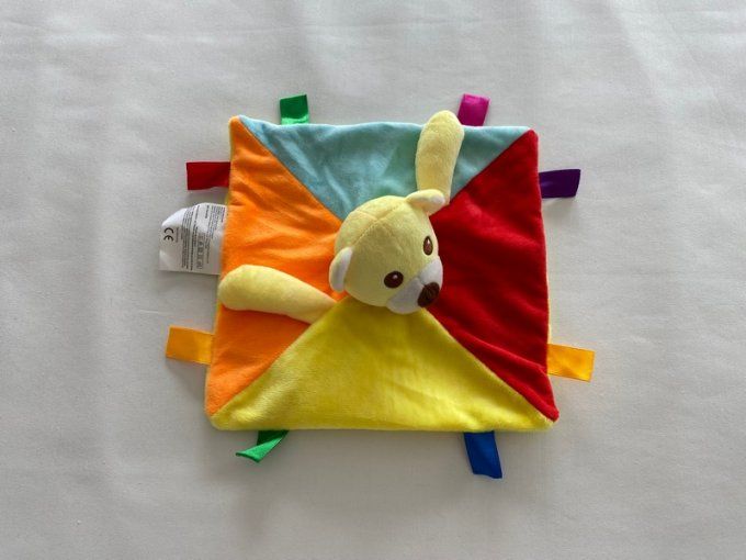 Doudou plat ours jaune rouge orange étiquettes Nanjings - Article Neuf
