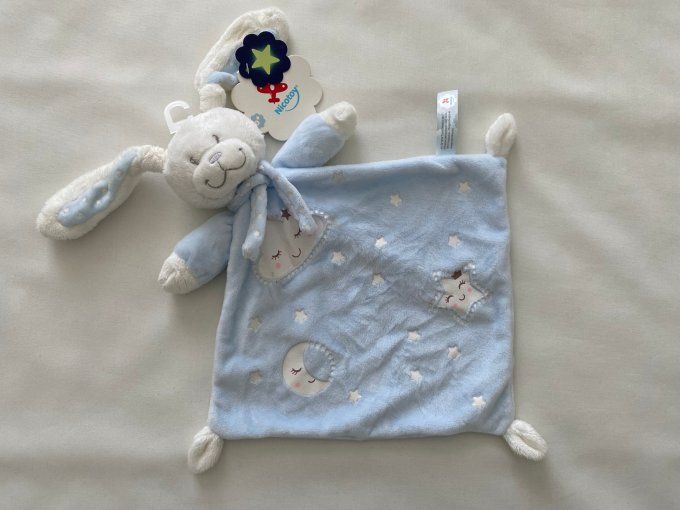 Doudou plat lapin bleu nuage lune étoiles Nicotoy Simba - Article Neuf