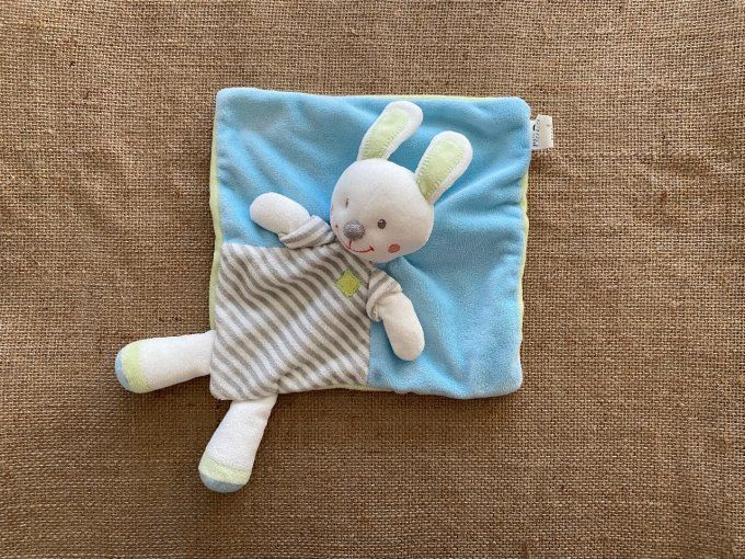 Doudou plat lapin bleu vert rayé gris Nicotoy d'occasion