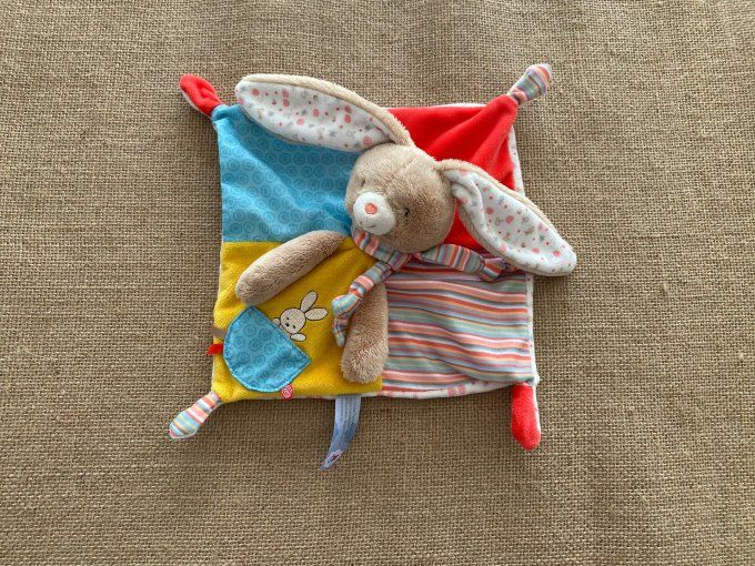 Doudou plat lapin bleu rouge orange Simba Toys Nicotoy d'occasion