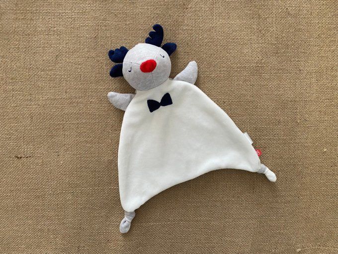 Doudou plat cerf élan blanc bleu gris Obaibi d'occasion