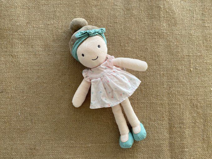 Doudou poupée robe rose ruban vert Obaibi d'occasion