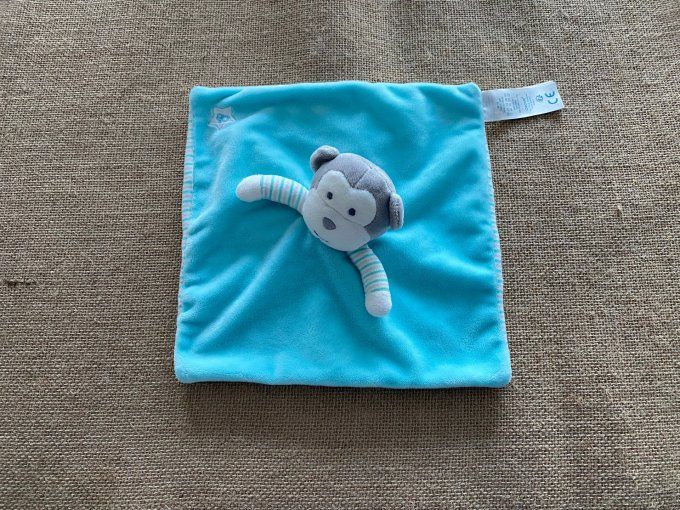 Doudou plat singe bleu turquoise gris blanc rayé Obaibi d'occasion