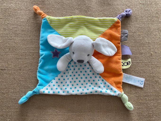 Doudou plat lapin velours orange bleu étoiles rayé vert anis Obaibi d'occasion