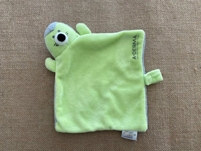 Doudou plat hérisson phoque vert gris A.DERMA Oeko-texs d'occasion