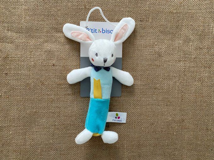 Doudou pouet pouet lapin Lulu & Maël bleu turquoise et bleu ciel P'tit Bisou - Article Neuf