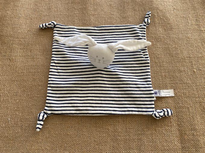 Doudou plat lapin rayé blanc bleu Petit Bateau d'occasion