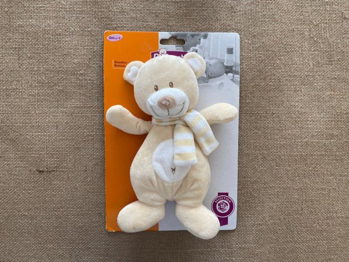 Doudou ours beige blanc écharpe Pommette - Article Neuf
