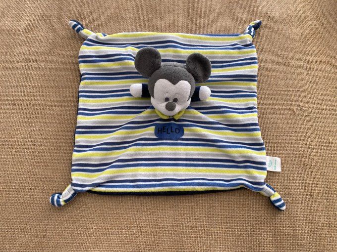 Doudou plat Mickey Hello rayé bleu jaune Disney Prémaman d'occasion