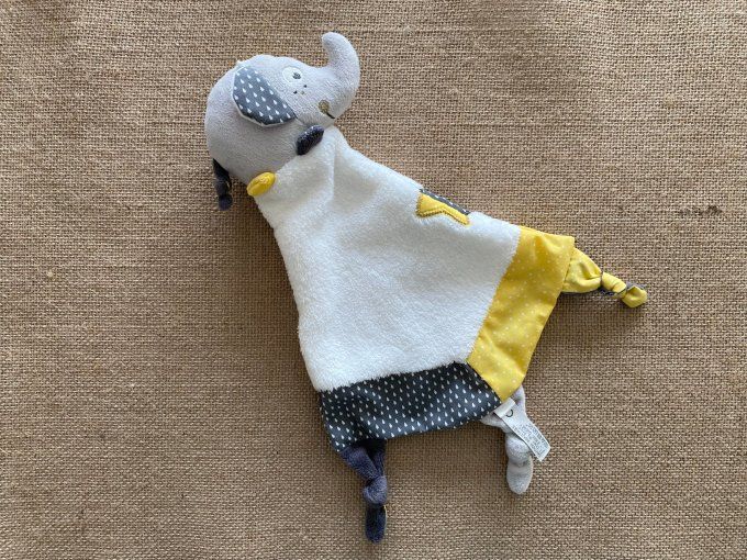 Doudou plat éléphant Baby jaune gris Baby Déco Sauthon d'occasion