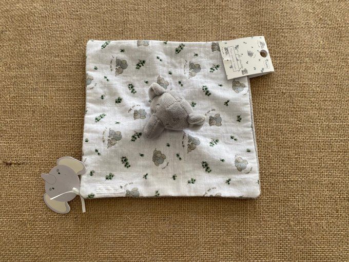 Doudou plat motif petits éléphants verso gris Mon premier Major Sergent Major - Article Neuf