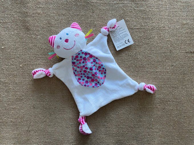 Doudou plat chat blanc rose SHENZHEN M&J TOYS ref.:YR99 - Article Neuf