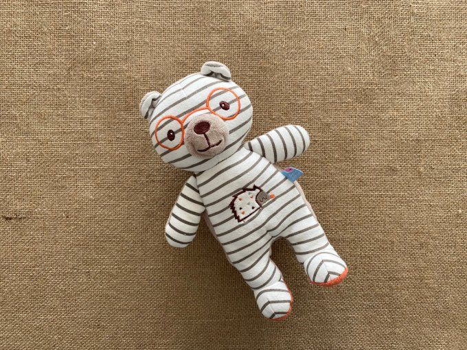 Doudou ours lunette blanc rayé marron Sucre d'orge d'occasion