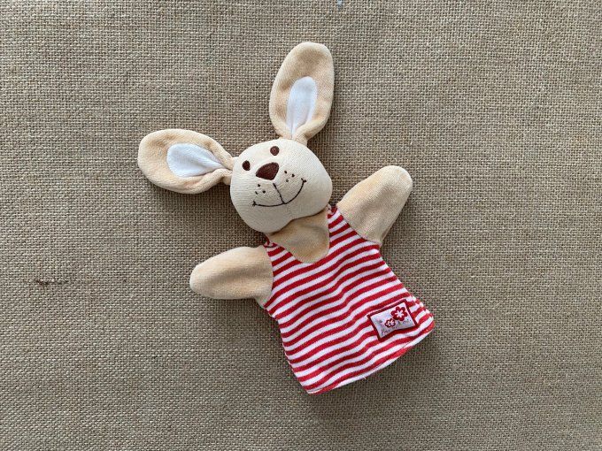 Doudou marionnette lapin brun rayé rouge et blanc play with me Sunkid d'occasion
