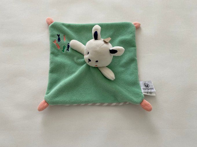 Doudou plat lapin vert rayé gris blanc poissons tout petits Super U - Article Neuf