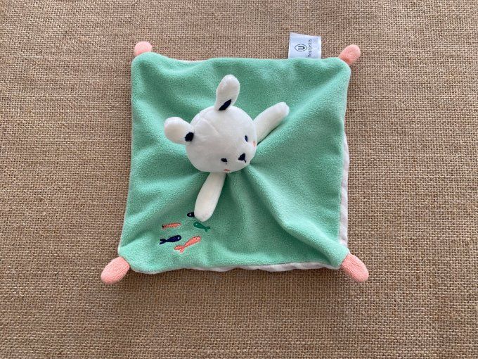 Doudou plat lapin vert rayé gris blanc poissons tout petits Super U d'occasion