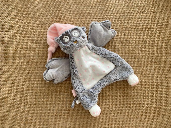 Doudou plat hibou chouette gris blanc bonnet pois rose TAO Tape à loeil d'occasion