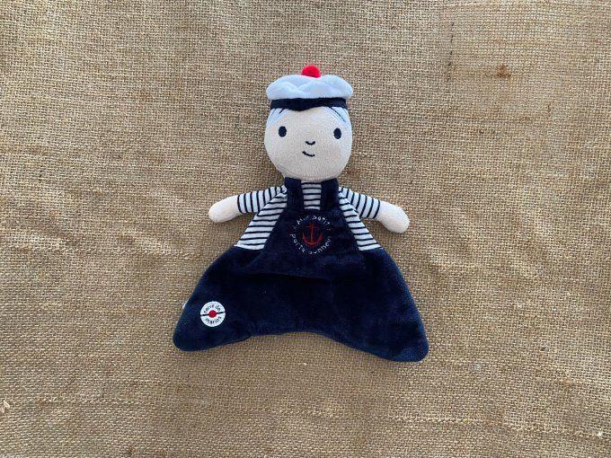 Doudou plat marin bleu et blanc Mon petit porte bonheur Terre de marins d'occasion