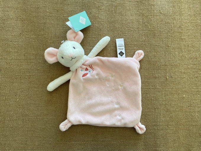 Doudou plat souris rose blanche oiseau fleurs Tex Baby - Article Neuf