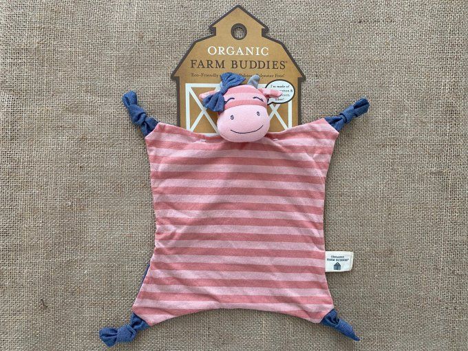 Doudou plat vache rose bleu Organic Farm Buddies Tinco Toys - Article Neuf